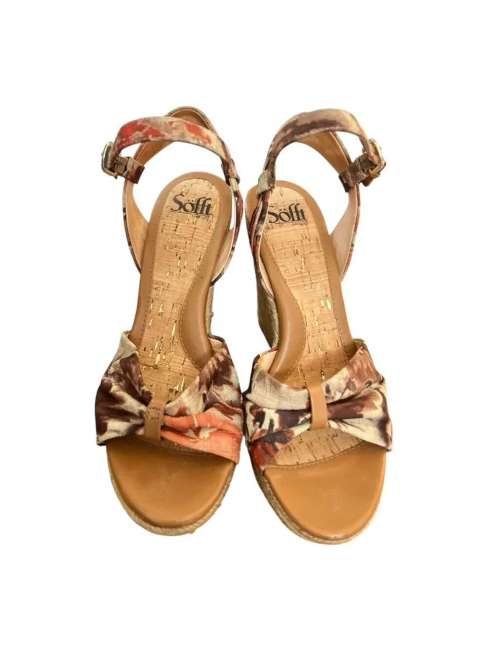 Sofft Peggie Tropical Espadrille Wedge Sandals Sz 10 Ankle Strap Cork Cushion
